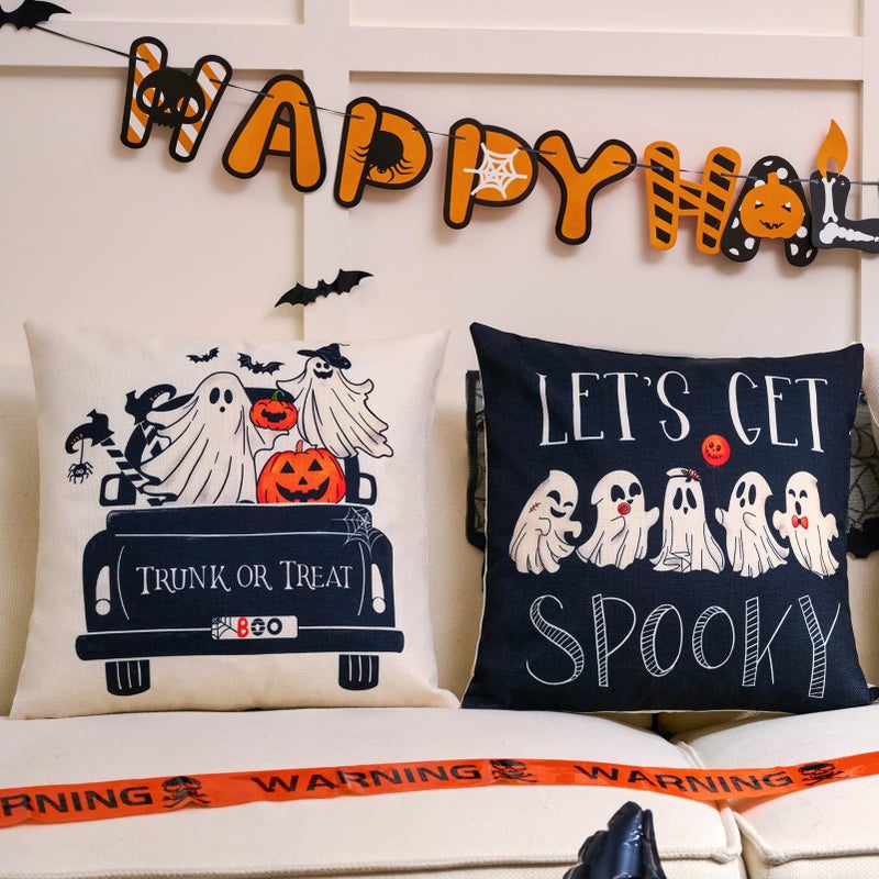 Hongsome Ghost Halloween Decor-Throw Pillow Covers 18x18in Set of 4 Spooky Gothic Linen Pillow Case for Couch Fall Christmas Holiday Outdoor Burnt Orange Black White Decorations - Image 5